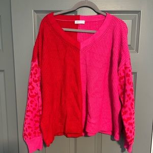 Pink & Red Color Block Leopard Sweater
